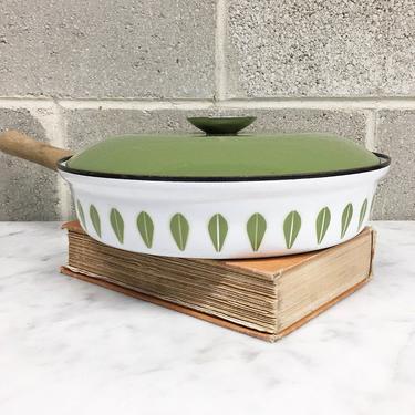 Vintage Skillet with Lid Retro 1960s Catherine Holm + Lotus + White and Green + Enamelware + Frying Pan + Cookware + Home and Kitchen Decor 
