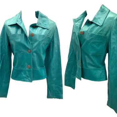 Vtg Vintage 1980s 80s Création by Sprung Fréves Speckled Turquoise Leather Coat 