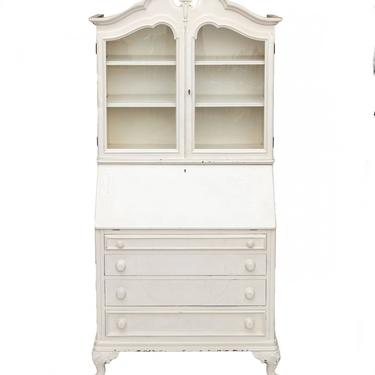 Antique American Chippendale Style Distressed Painted White Bookcase Secretaire 