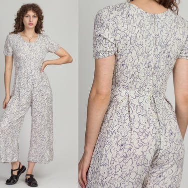 90s Grunge Floral Jumpsuit - Small to Medium | Vintage White & Purple Ruched Pantsuit 