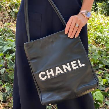 Vintage CHANEL Large Letter CC Logo Camellia Flower Black White Leather Shoulder Tote Bag Purse Handbag 
