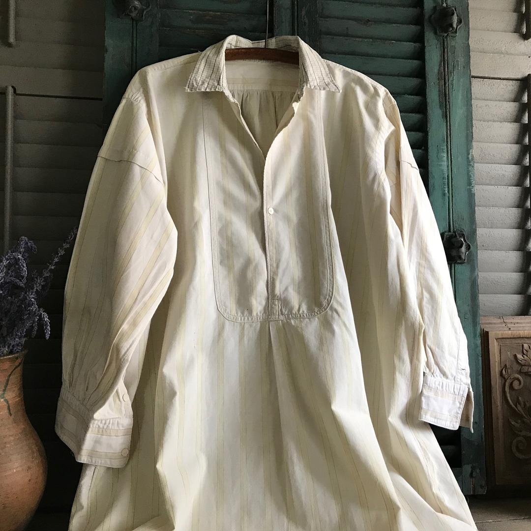 Antique French Chemise Shirt, Stripe, Plaid Pattern, Grandad Shirt ...