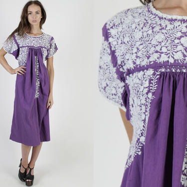 Purple Oaxacan Maxi Dress / All White Floral Mexican Embroidered Dress / Womens San Antonio Cotton Made In Mexico Long Dress 