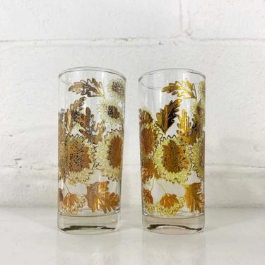 Vintage Floral Glasses Bartlett Collins Pokee Chrysanthemum Gold Glass Bar Cocktail Set Two Mid-Century Modern Glass Barware Cocktail MCM 