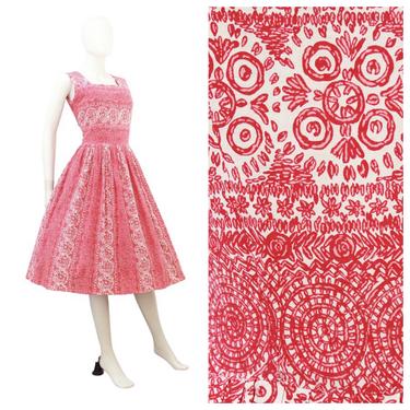 1950s Pink Batik Print Sun Dress - 1950s Pink Cotton Sundress - 1950s Fit &amp; Flare Dress - 1950s Pink Dress - Vintage Pink Dress | Size Small 