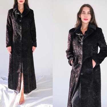 Vintage 90s does 40s Bebe Black Textured Velvet Full Length Overcoat w/ Hidden Pockets | Film Noir, Gothic, Chic | 1990s Designer Jacket 