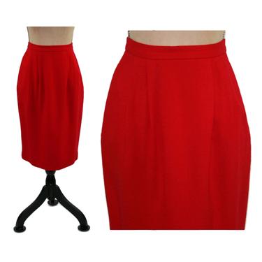 Short Red Wool Midi Skirt Women, Pleated High Waisted Pencil Skirt with Pockets, 1990s Clothes 90s Vintage Clothing Size Small 6 Medium 8 