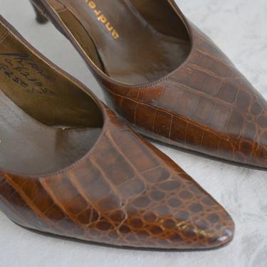1950s/60s Andrew Geller Brown Croc Embossed Leather Heels, Size 7 1/2 AAA 