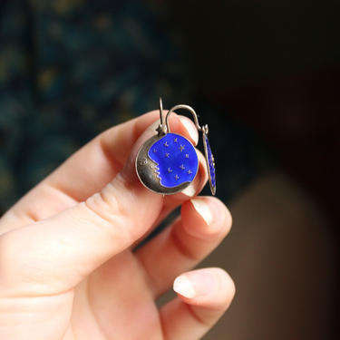 Moon and Stars Blue Enamel Earrings 