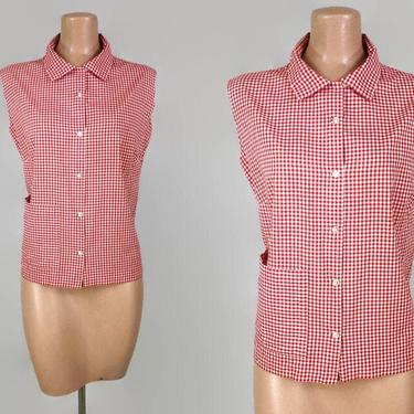 VINTAGE 60s Red and White Gingham Check Cotton Smock Blouse | 1960s Sleeveless Top with Hip Pocket | Vintage Tank | Vintage Summer Separates 