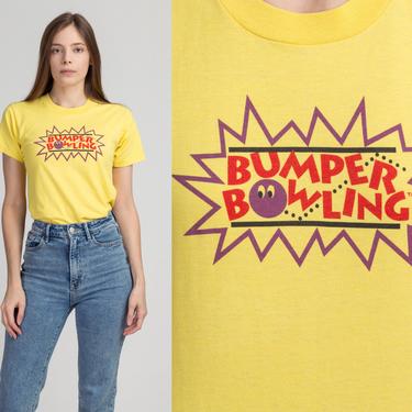 80s Bumper Bowling T Shirt - Extra Small | Vintage Yellow Graphic Bowler Tee 