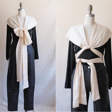 Vintage 70s Calvin Klein Silk Bow Tie Blouse/ 1970s Black White Tie Front Top/ Size XS Small 