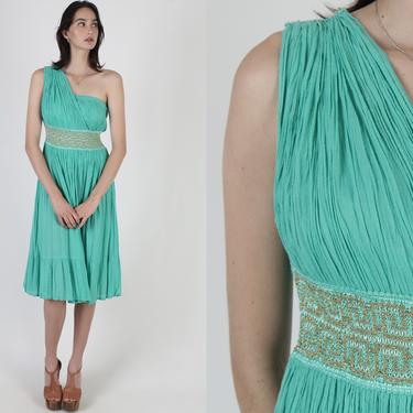 Green Gauze Roman Dress / Thin Gold Metallic Threads / Toga Party Crochet Waistband / Vintage 80s Grecian Goddess Wrap Midi Dress 
