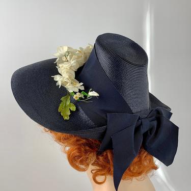 Vintage 1940'S Brimmed Straw Hat - Navy Blue Straw - Clusters of White Vintage Flowers - Wide Grosgrain Wrap &amp; Bow 