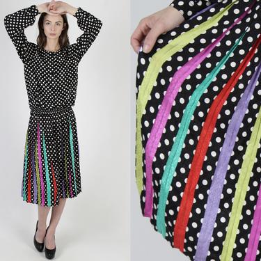Black Silk Pleated Maxi Dress / White Tiny Polka Dot Print / Vintage 80s Rainbow Striped Skirt / Silky Cocktail Evening Party Midi Dress 