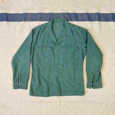 Size S Vintage USMC P-56 P-58 Olive Green Cotton Sateen Utility Shirt with Inner Map Pocket 