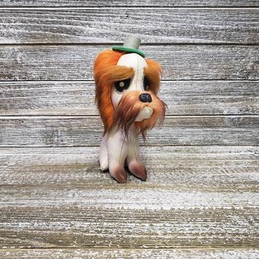 Vintage Japan Jestia Stuffed Dog, Leather Toy Moustache Dog, Sad Looking White Schnauzer Dog Wearing Hat, Fur Hairy Eyebrows, Vintage Toys 
