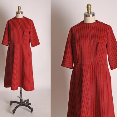 1960s Red and Black Textured Polyester Half Sleeve Flared Skirt Dress -XL 