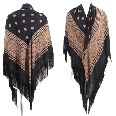 70s VALERIE PARR rayon print fringed shawl  / vintage 1970s black wrap triangular scarf 