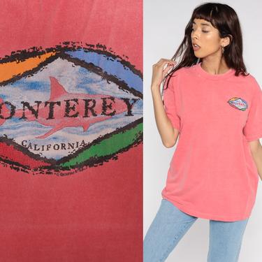 90s Monterey California Shirt Shark Tshirt Retro Tee Surfer Shirt Vintage Graphic T Shirt Surf Pink Medium Large 