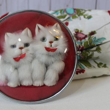 Vintage 50s Kitty Cat Kitten Hand Mirror Kitsch Kitschy Vanity 3D Fur in Convex Bubble Glass 
