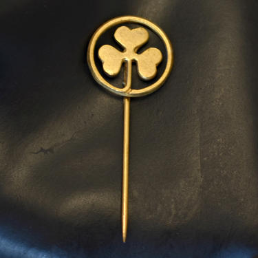 50's Victorian style gold plated metal shamrock lapel pin, stylized mid-century three leaf clover good luck tie or stick pin 