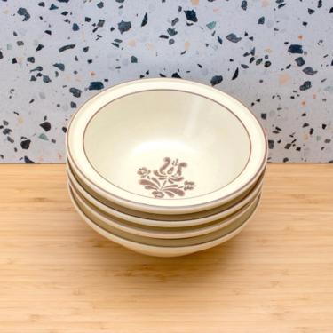 Vintage 1970s Stoneware Bowls Pfaltzgraff Village Pattern Cream &amp; Brown Floral Small Bowls - Made in USA - Set/4 