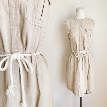 Vintage 1990s Khaki Linen Utility Shirt Dress / M 
