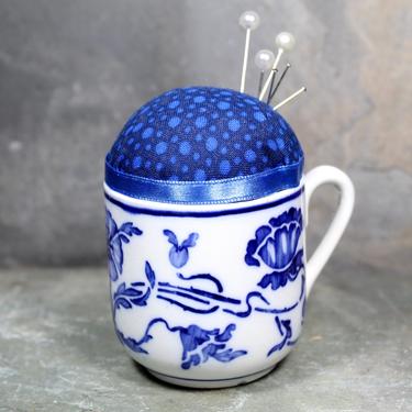 Classic Blue &amp; White Vintage Ceramic Mug Pin Cushion - Miniature Coffee Mug Pin Cushion - Handmade | Free Shipping 