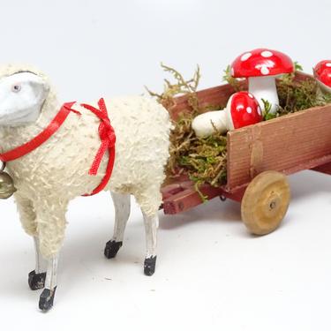 Antique German Sheep with Bell &amp; Wooden Pull Cart with Mushrooms, Vintage ChristmasToy Candy Container 