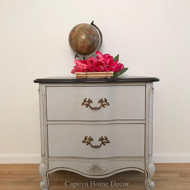 Vintage French Provincial End Table, Curvy Nightstand,  Hand painted Neutral Gray, Dark Brown Top, Gold accents, Glazed by CaptivaHomeDecor