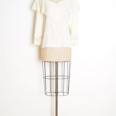 vintage 80s blouse cream lace Victorian prairie secretary top shirt cutout M clothing 