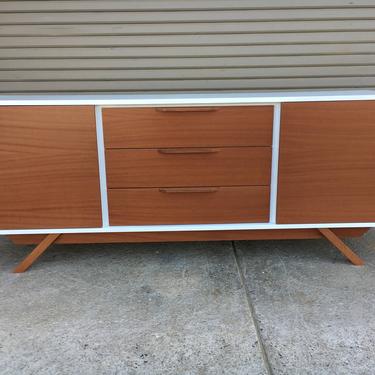 NEW Hand Built Mid Century Inspired Buffet / Credenza / TV Stand. White &amp; Mahogany 3 Drawer and 2 Doors.  Angled Leg Base! 