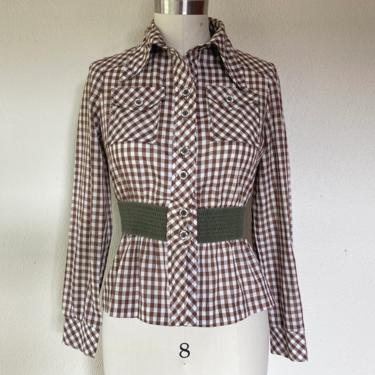1970s Brown gingham blouse with gathered waist 