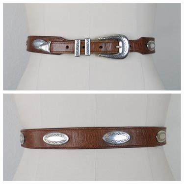 Vintage leather belt, silver plate, concho, western, boho, cowgirl, southwest, xl 