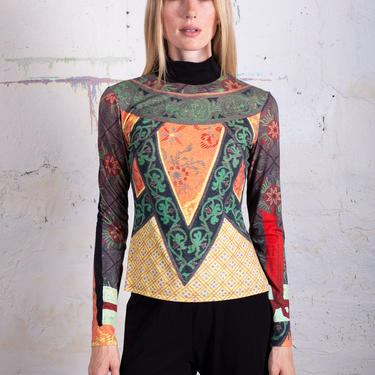 Vintage Vivienne tam Mixed Print Floral + Geometric Turtleneck