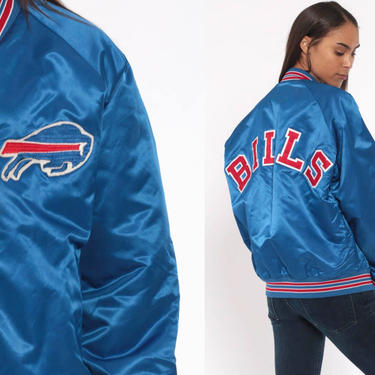 90s Buffalo BILLS Jacket -- Satin Bomber Jacket 1980s Football Jacket NFL  Blue American Football Coach 1980s New York Vintage Snap Up Large