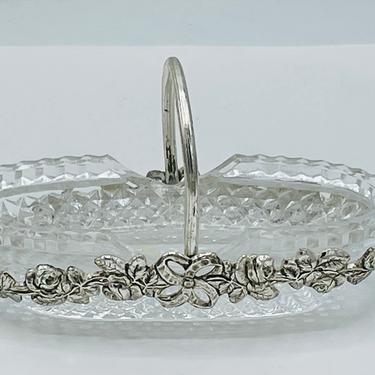Lovely Silver Plate Basket Glass Insert Oval Salt Cellar Silver Garland Floral Decoration- Glass spoon included- 4&quot; X 2&quot; 