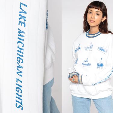 Lake Michigan Sweatshirt LIGHTHOUSE Sweatshirt 90s Nautical Sailor Slouchy Pullover 1990s Graphic Vintage White Jerzees Extra Large xl 