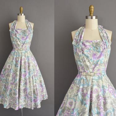 vintage 1950s dress | Gorgeous purple & Gray Floral Print Cotton Halter Full Skirt Summer Dress | Small | 50s vintage dress 