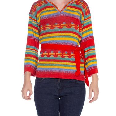 1970'S Multicolor Acrylic Blend Knit Aztec Stripe Sweater With Belt 