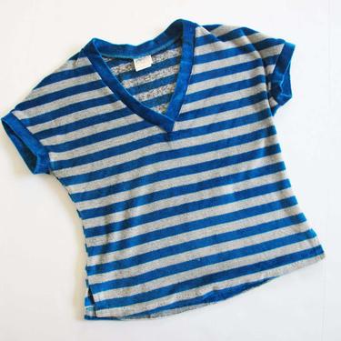 Vintage 80s Velour Shirt M - 1980s Blue Stripe Velour V Neck Shirt - 80s Clothing - Blue Gray Striped Top 