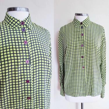 1980s Lime Green Check Print Silk Blouse Long Sleeved / 80s Button Down Shirt Green Navy Blue Graphic Print / Eleanor P Brenner/ M 