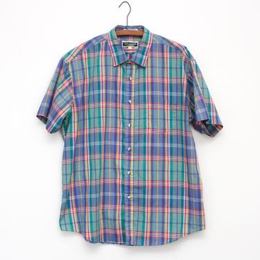 Vintage 1990s Plaid Men's Shirt - Multicolor Cotton Blend Short Sleeve Button Up Shirt - XL 
