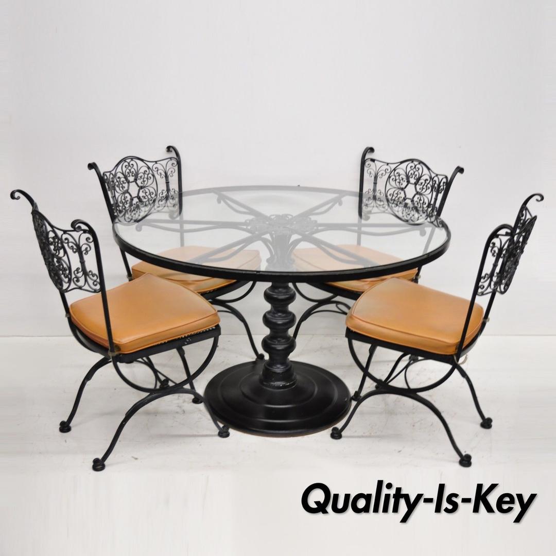 Woodard Andalusian Wrought Iron Patio Dining Set Round Pedestal Table 4