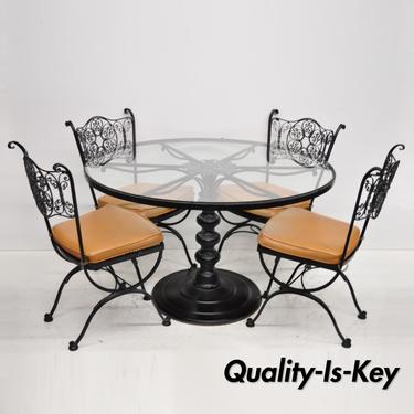 Woodard Andalusian Wrought Iron Patio Dining Set Round Pedestal Table 4 Chairs