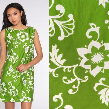 Hawaiian Dress 60s Green Mod Mini Dress Shift Floral Boho Twiggy Psychedelic Vintage Minidress 70s Sleeveless Small S 