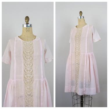 Vintage 1920s cotton dress, flapper, art deco, gatsby era, antique clothing, pale pink, lace, size xs, small 