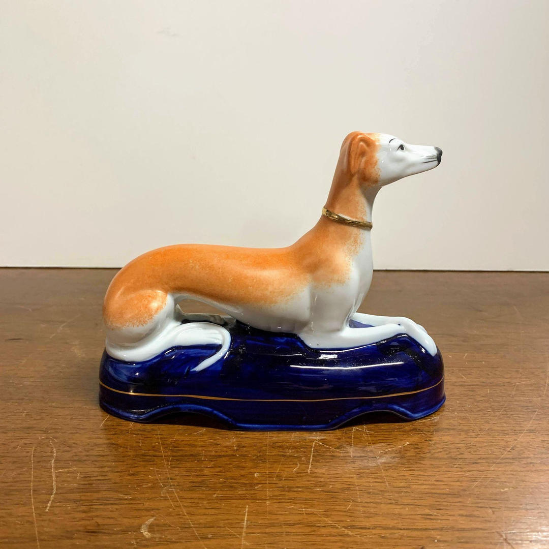 Antique Staffordshire Whippet Greyhound Dog Figurine Cobalt Blue Base