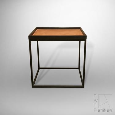 Minimalist Side Table Featuring a Blackened Oak and Leather Top and Black Steel Base 